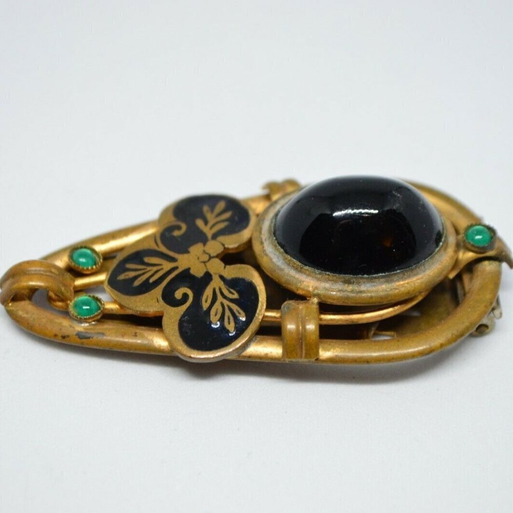 Green Glass Art Nouveau Black Enamel Fur Clip